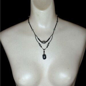 Vintage Sterling Silver Onyx Scarab Rutilated Quartz Layered Necklace 18”